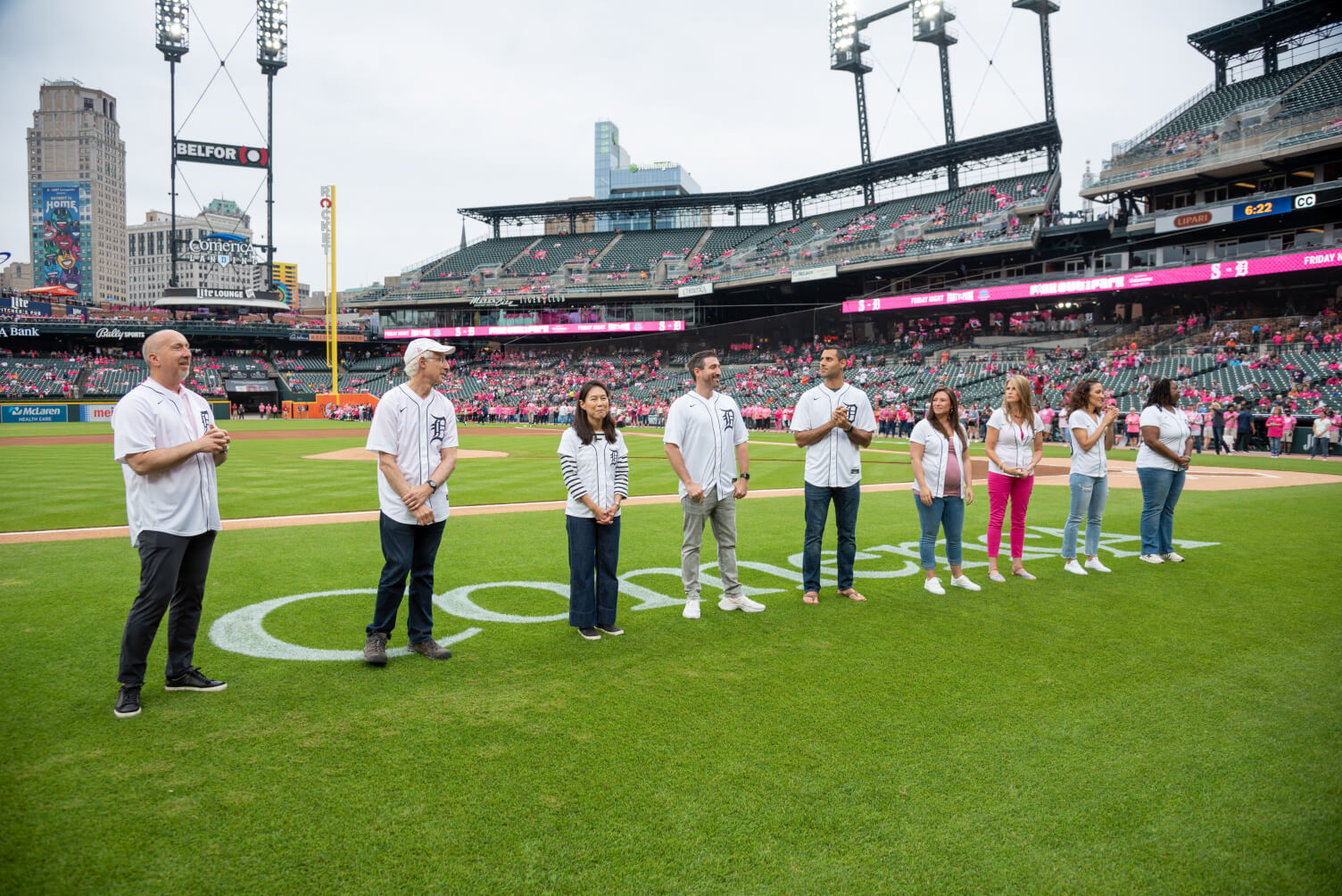 Tigers fans joined Karmanos and McLaren, dressed in pink to honor